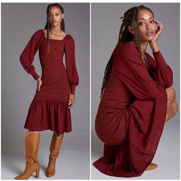ANTHROPOLOGIE SMOCKED PUFF SLEEVED MIDI DRESS IN WINE Large - Picture 2 of 16